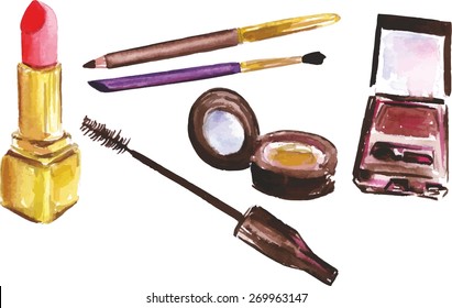 Watercolour cosmetics set, vector drawing