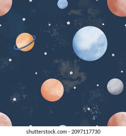 Watercolour cosmos space scene with planets and stars seamless pattern vector illustration. Perfect for fabric or paper printing.
