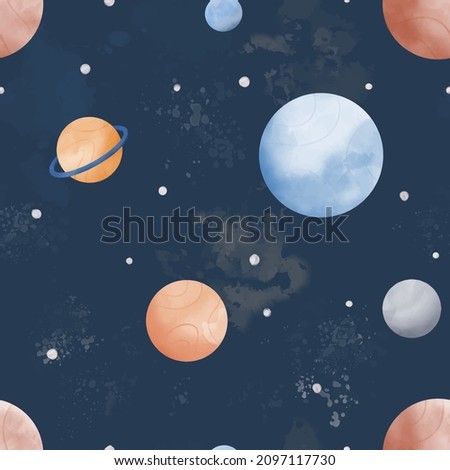 Watercolour cosmos space scene with planets and stars seamless pattern vector illustration. Perfect for fabric or paper printing.