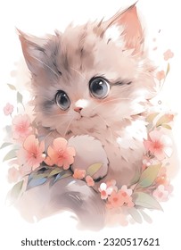 watercolour cute cat,flower cat,hand draw,soft color,big eyes cat,Fluffy cat,cute animal