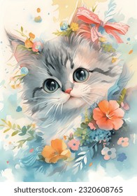 acuarela lindo gato, gato floral, dibujo a mano, color suave, ojos grandes gato, gato flauto, animal lindo, gato con arco,