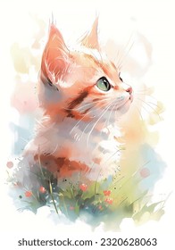 watercolour cute cat,flower cat,hand draw,soft color,big eyes cat,Fluffy cat,cute animal,Profile cat