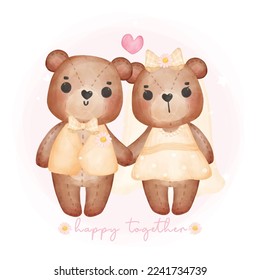watercolour cute two couple brown teddy bears in wedding groom and bride holding hand,  Valentine cartoon character hand drawing illustration vector