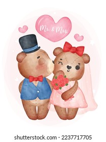 watercolour cute two couple kissing Wedding brown teddy bears in groom and bride, Mr. and Mrs., cartoon character hand drawing illustration vector