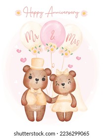 watercolour cute two couple Wedding brown teddy bears in groom and bride, Mr. and Mrs., cartoon character hand drawing illustration vector