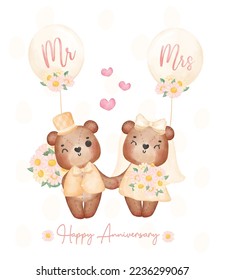 watercolour cute two couple Wedding brown teddy bears in groom and bride hold hand, Mr. and Mrs., cartoon character hand drawing illustration vector