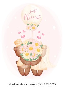 watercolour cute two couple Wedding brown teddy bears in groom and bride kissing behind flowers bouquet, Mr. and Mrs., cartoon character hand drawing illustration vector