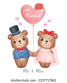 watercolour cute two couple Wedding brown teddy bears in groom and bride hold hand, Mr. and Mrs., cartoon character hand drawing illustration vector