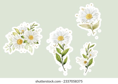 Watercolour daisy bouquet and branch sticker illustration 