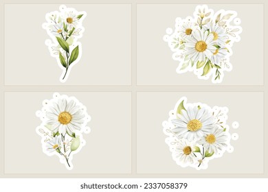 Watercolour daisy bouquet and branch sticker illustration 