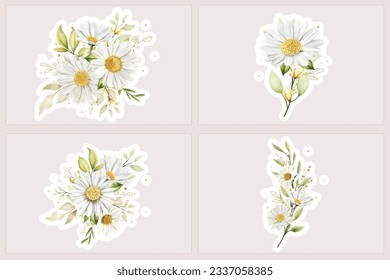 Watercolour daisy bouquet and branch sticker illustration 