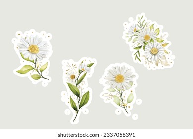 Watercolour daisy bouquet and branch sticker illustration 