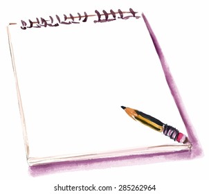 A watercolour drawing of a notepad with a pencil, scalable vector graphic