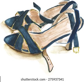 Watercolour drawing of a pair of strappy sandals, scalable vector graphic
