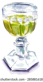 A watercolour drawing of a retro goblet with golden white wine, scalable vector graphic