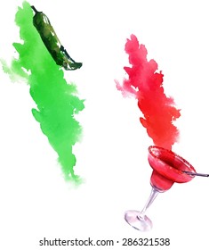 Watercolour drawing of a strawberry Margarita cocktail with a splash and a green chilli pepper, representing the flag of Mexico, scalable vector graphic