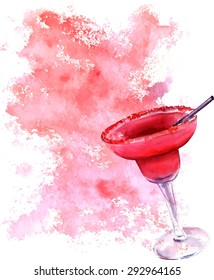 Watercolour drawing of a strawberry Margarita cocktail on a textured background, scalable vector graphic