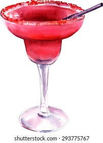 Watercolour drawing of a strawberry Margarita cocktail, scalable vector graphic