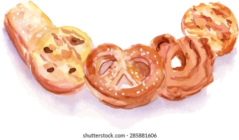 A watercolour drawing of traditional Danish butter cookies, scalable vector graphic
