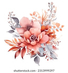 Watercolour floral illustration . DIY brush pink flower, leaves individual design - for bouquets, wreaths, wedding invitations, anniversary, birthday, postcards, greetings.