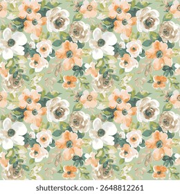 watercolour floral pattern featuring a soft, romantic aesthetic. 
Delicately painted flowers in shades of peach, cream, white, and beige
Lush green leaves with teal and olive accents
A light sage gree