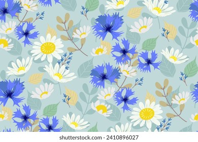 Watercolour Floral pattern seamless. Spring summer white daisy blue cornflower flower pattern background border frame vector illustration. Flowers motifs.