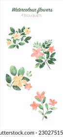 Watercolour flower Bouquets collection. Hand drawn botanical set. Can be used as stickers, wedding decor, summer and spring banners