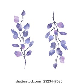 Watercolour flower branches. Purple botanical elements.