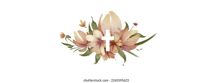 watercolour flower cross illustration, easter clip art, borderline, banner in boho style