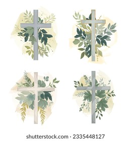 Watercolour flower cross set. Graphic Easter Cross Clipart, Spring Floral Arrangements, Baptism Crosses DIY Invitation. Vector illustration EPS10