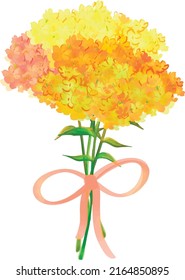 Watercolour flowers with ribbon, Yellow, orange flowers bouquet.