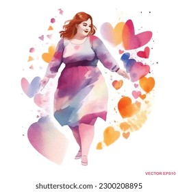 watercolour full body model Beautiful chubby girl with smile in the shape of hearts and random pose l . Valentine's Day and love. Vector illusion for a postcard or poster, print on clothes.