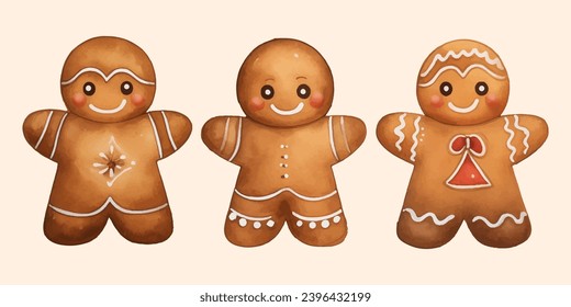 watercolour gingerbreads isolated. Christmas decor. Set of hand drawn vector gingerbread man 