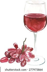 A watercolour glass of red wine and red grapes, scalable vector drawing