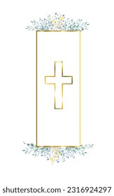 Watercolour hand drawn Floral Cross Clipart, golden frames illustration, Baptism Crosses golden cross, Holy Spirit golden frames set, wedding banner, Easter border, eps isolated on transparent