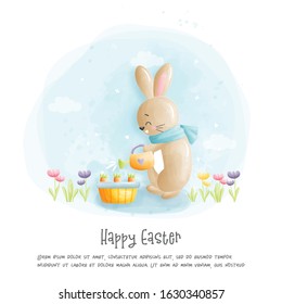 Watercolour Happy Easter card with rabbit vector illustration .