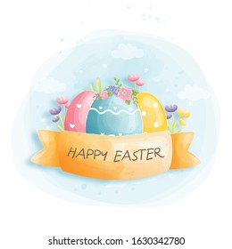 Watercolour Happy Easter card with rabbit vector illustration .