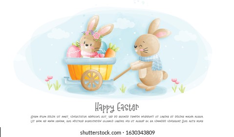 Watercolour Happy Easter card with rabbit vector illustration .