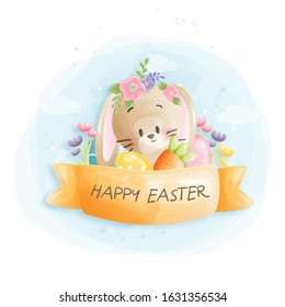 Watercolour Happy Easter card with rabbit vector illustration.