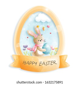 Watercolour Happy Easter card is it’s rabbit vector illustration.