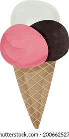 Watercolour ice cream cone on white background 