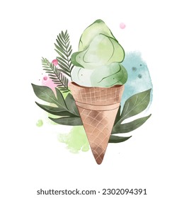 Watercolour ice-cream with tropical leaves background. Cafe menu design, summer food truck decor