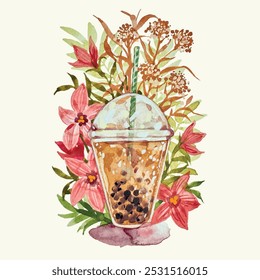 Watercolour illustration of boba tea cold drink with floral background