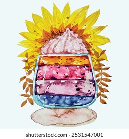 Ilustração em aquarela de gelatina colorida em camadas em um vidro coberto com creme com fundo floral