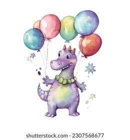 Watercolour illustration of cute dragon with colourful balloons