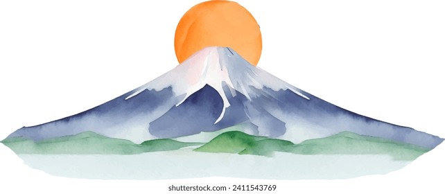 Watercolour illustration of the first sunrise (morning sun) rising mountain