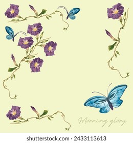 Aquarell-Illustration von Morgenglanzblumen mit blauen Schmetterlingen, Blumendesign, handgezeichnete Blumen