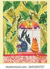 Watercolour illustration of an orange cat sitting on a window ledge with intricate tropical plants wallpaper background