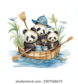 Aquarell-Illustration eines Panda in einem Holzboot