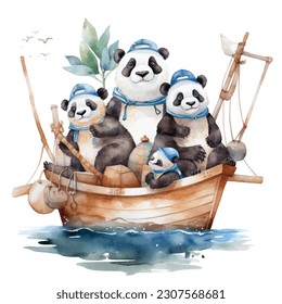 watercolour illustration of a panda in a wooden boat